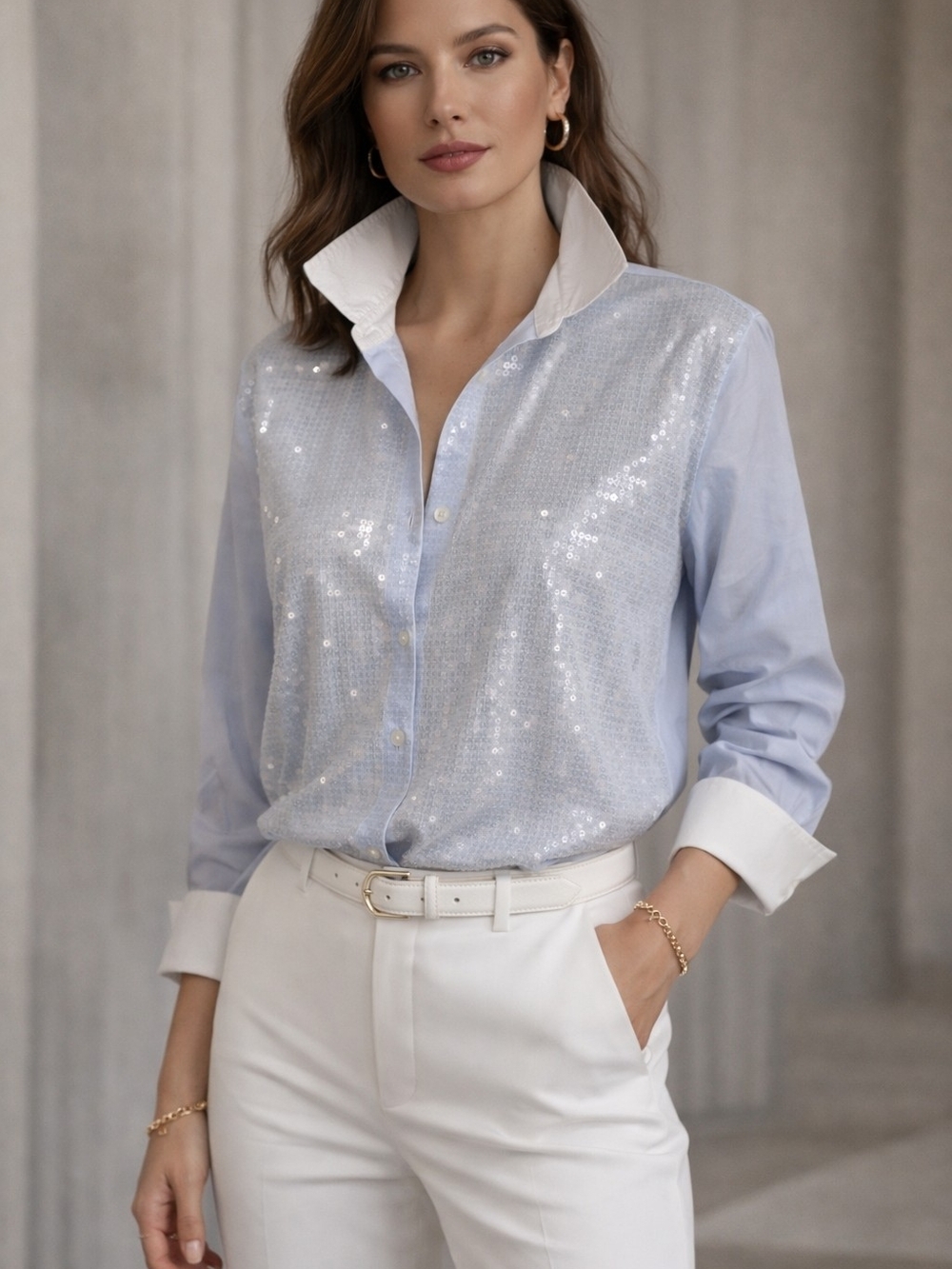 LOFT Light Blue Sequin-Front Button Shirt with White Collar And Cuffs New Large